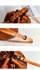 Womens Brown Leather Bucket Shoulder Bag Purse Vintage Split Joint Barrel Round Handbag Crossbody Purse for Women