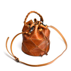 Womens Leather Bucket Shoulder Bag Purse Vintage Split Joint Barrel Round Handbag Crossbody Purse for Women