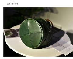 Womens Coffee Leather Bucket Shoulder Bag Purse Vintage Split Joint Barrel Round Handbag Crossbody Purse for Women