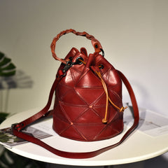 Womens Red Leather Bucket Shoulder Bag Purse Vintage Split Joint Barrel Round Handbag Crossbody Purse for Women
