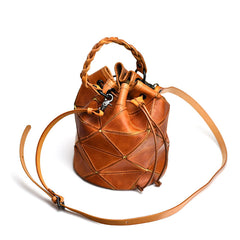 Womens Coffee Leather Bucket Shoulder Bag Purse Vintage Split Joint Barrel Round Handbag Crossbody Purse for Women