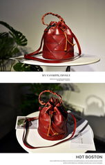 Womens Red Leather Bucket Shoulder Bag Purse Vintage Split Joint Barrel Round Handbag Crossbody Purse for Women