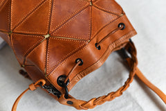 Womens Coffee Leather Bucket Shoulder Bag Purse Vintage Split Joint Barrel Round Handbag Crossbody Purse for Women