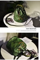 Womens Green Leather Bucket Shoulder Bag Purse Vintage Split Joint Barrel Round Handbag Crossbody Purse for Women