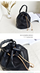 Womens Black Leather Bucket Shoulder Bag Purse Vintage Split Joint Barrel Round Handbag Crossbody Purse for Women
