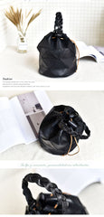 Womens Black Leather Bucket Shoulder Bag Purse Vintage Split Joint Barrel Round Handbag Crossbody Purse for Women