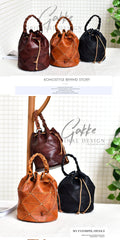 Womens Brown Leather Bucket Shoulder Bag Purse Vintage Split Joint Barrel Round Handbag Crossbody Purse for Women