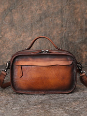Handmade Womens Brown Leather Mini Satchel Shoulder Bag Best Handbag Cube Crossbody Purses for Ladies