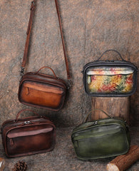 Handmade Womens Floral Leather Mini Satchel Shoulder Bag Best Handbag Cube Crossbody Purses for Ladies