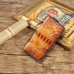 Womens Leather Zip Around Wallets Ostrich Pattern Wristlet Wallets Ladies Zipper Clutch Wallet for Women