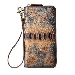 Womens Gray&Red Leather Zip Around Wallets Ostrich Pattern Wristlet Wallets Ladies Zipper Clutch Wallet for Women