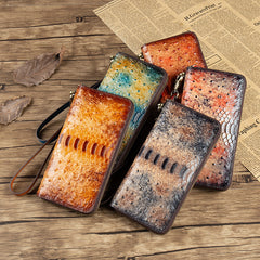 Womens Gray&Red Leather Zip Around Wallets Ostrich Pattern Wristlet Wallets Ladies Zipper Clutch Wallet for Women