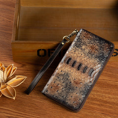 Womens Leather Zip Around Wallets Ostrich Pattern Wristlet Wallets Ladies Zipper Clutch Wallet for Women