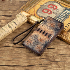 Womens Gray&Red Leather Zip Around Wallets Ostrich Pattern Wristlet Wallets Ladies Zipper Clutch Wallet for Women