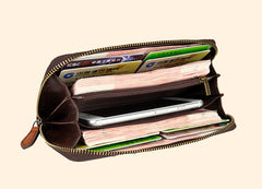 Womens Yellow&Coffee Leather Zip Around Wallets Ostrich Pattern Wristlet Wallets Ladies Zipper Clutch Wallet for Women