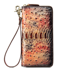 Womens Gray&Red Leather Zip Around Wallets Ostrich Pattern Wristlet Wallets Ladies Zipper Clutch Wallet for Women