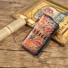Womens Gray&Red Leather Zip Around Wallets Ostrich Pattern Wristlet Wallets Ladies Zipper Clutch Wallet for Women