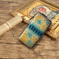 Womens Blue&Yellow Leather Zip Around Wallets Ostrich Pattern Wristlet Wallets Ladies Zipper Clutch Wallet for Women
