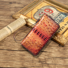 Womens Gray&Red Leather Zip Around Wallets Ostrich Pattern Wristlet Wallets Ladies Zipper Clutch Wallet for Women