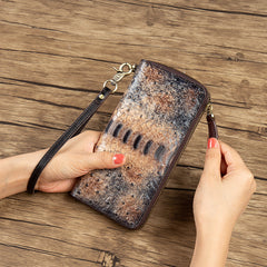 Womens Gray&Red Leather Zip Around Wallets Ostrich Pattern Wristlet Wallets Ladies Zipper Clutch Wallet for Women