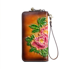 Womens Coffee Leather Zip Around Wallets Peony Flower Wristlet Wallets Floral Ladies Zipper Clutch Wallet for Women