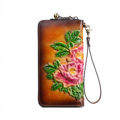 Womens Black Leather Zip Around Wallets Peony Flower Wristlet Wallets Floral Ladies Zipper Clutch Wallet for Women