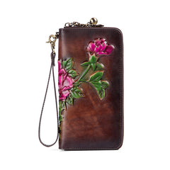 Womens Coffee Leather Zip Around Wallets Peony Flower Wristlet Wallets Floral Ladies Zipper Clutch Wallet for Women