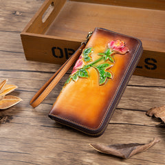 Womens Coffee Leather Zip Around Wallets Peony Flower Wristlet Wallets Floral Ladies Zipper Clutch Wallet for Women