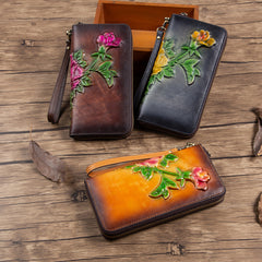 Womens Coffee Leather Zip Around Wallets Peony Flower Wristlet Wallets Floral Ladies Zipper Clutch Wallet for Women