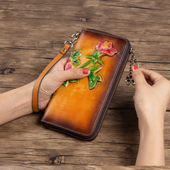 Womens Coffee Leather Zip Around Wallets Peony Flower Wristlet Wallets Floral Ladies Zipper Clutch Wallet for Women