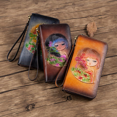 Womens Tan Leather Zip Around Wallets Singing Girl Wristlet Wallets Flower Ladies Zipper Clutch Wallet for Women