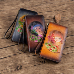 Womens Leather Zip Around Wallets Singing Girl Wristlet Wallets Flower Ladies Zipper Clutch Wallet for Women
