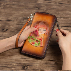 Womens Leather Zip Around Wallets Singing Girl Wristlet Wallets Flower Ladies Zipper Clutch Wallet for Women