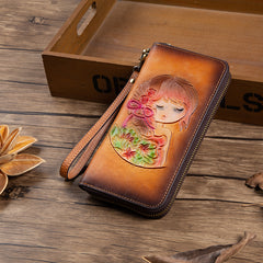 Womens Tan Leather Zip Around Wallets Singing Girl Wristlet Wallets Flower Ladies Zipper Clutch Wallet for Women