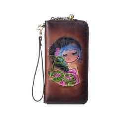 Womens Leather Zip Around Wallets Singing Girl Wristlet Wallets Flower Ladies Zipper Clutch Wallet for Women