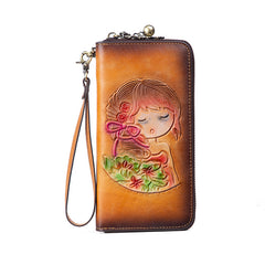 Womens Tan Leather Zip Around Wallets Singing Girl Wristlet Wallets Flower Ladies Zipper Clutch Wallet for Women