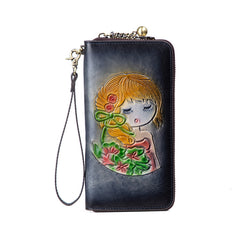 Womens Leather Zip Around Wallets Singing Girl Wristlet Wallets Flower Ladies Zipper Clutch Wallet for Women