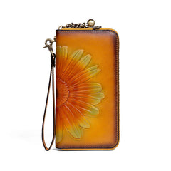 Womens Yellow Leather Zip Around Wallets Sunflower Wristlet Wallets Flower Ladies Zipper Clutch Wallet for Women