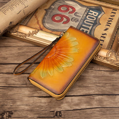 Womens Coffee Leather Zip Around Wallets Sunflower Wristlet Wallets Flower Ladies Zipper Clutch Wallet for Women