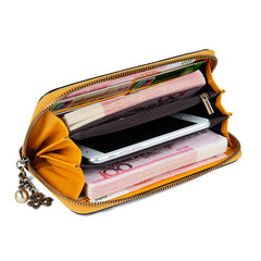 Womens Yellow Leather Zip Around Wallets Sunflower Wristlet Wallets Flower Ladies Zipper Clutch Wallet for Women