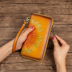 Womens Red Leather Zip Around Wallets Sunflower Wristlet Wallets Flower Ladies Zipper Clutch Wallet for Women