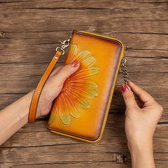 Womens Yellow Leather Zip Around Wallets Sunflower Wristlet Wallets Flower Ladies Zipper Clutch Wallet for Women