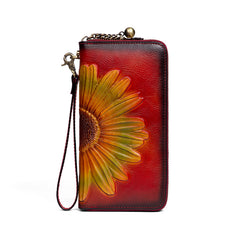 Womens Red Leather Zip Around Wallets Sunflower Wristlet Wallets Flower Ladies Zipper Clutch Wallet for Women