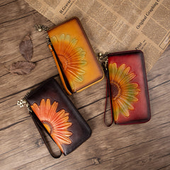 Womens Red Leather Zip Around Wallets Sunflower Wristlet Wallets Flower Ladies Zipper Clutch Wallet for Women