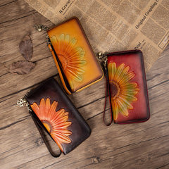 Womens Coffee Leather Zip Around Wallets Sunflower Wristlet Wallets Flower Ladies Zipper Clutch Wallet for Women