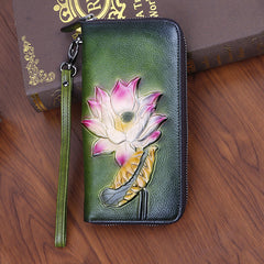 Womens Lotus Flower Brown Leather Wristlet Wallets Zip Around Wallet Flower Ladies Zipper Clutch Wallet for Women