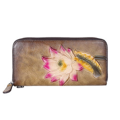 Womens Lotus Flower Brown Leather Wristlet Wallets Zip Around Wallet Flower Ladies Zipper Clutch Wallet for Women