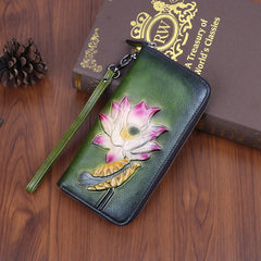 Womens Lotus Flower Brown Leather Wristlet Wallets Zip Around Wallet Flower Ladies Zipper Clutch Wallet for Women