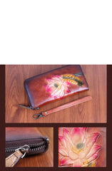 Womens Lotus Flower Brown Leather Wristlet Wallets Zip Around Wallet Flower Ladies Zipper Clutch Wallet for Women