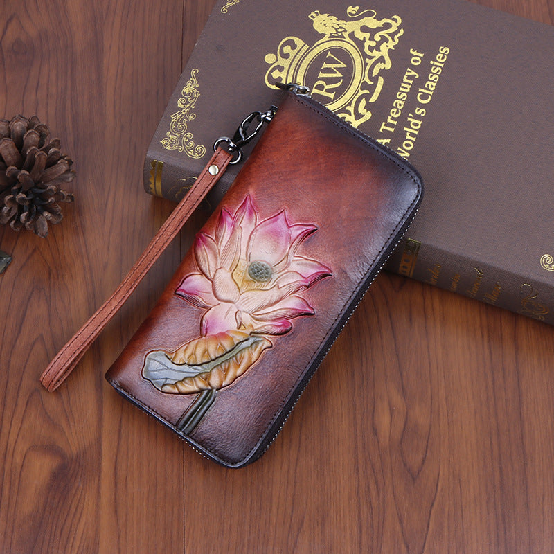 Womens Lotus Flower Coffee Leather Wristlet Wallets Zip Around Wallet Flower Ladies Zipper Clutch Wallet for Women